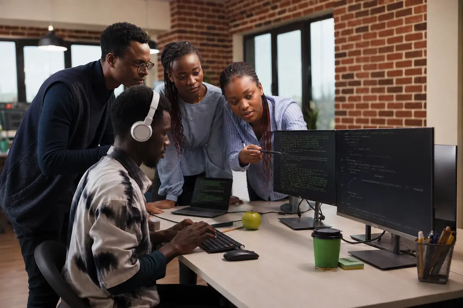 Une équipe collabore autour d’écrans affichant du code informatique.